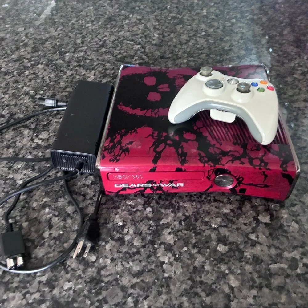Custom Red & Black Gears-Themed Xbox 360 Console with White Controller